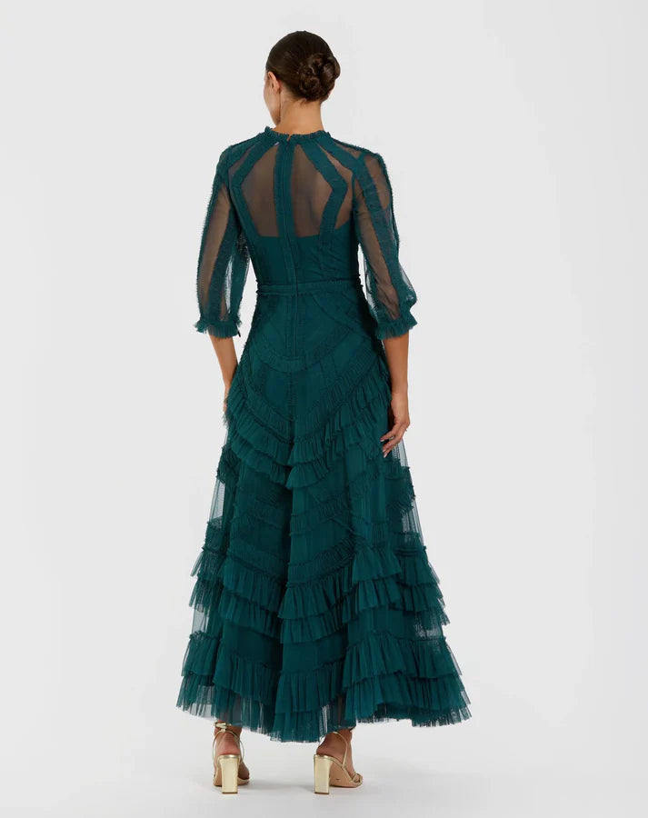 Mac Duggal 8251 Teal High Neck Micro Ruffle Dress with Sheer 3/4 Sleeve