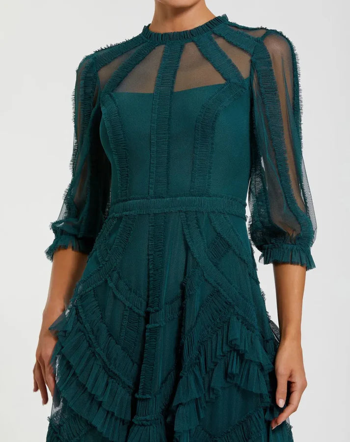 Mac Duggal 8251 Teal High Neck Micro Ruffle Dress with Sheer 3/4 Sleeve