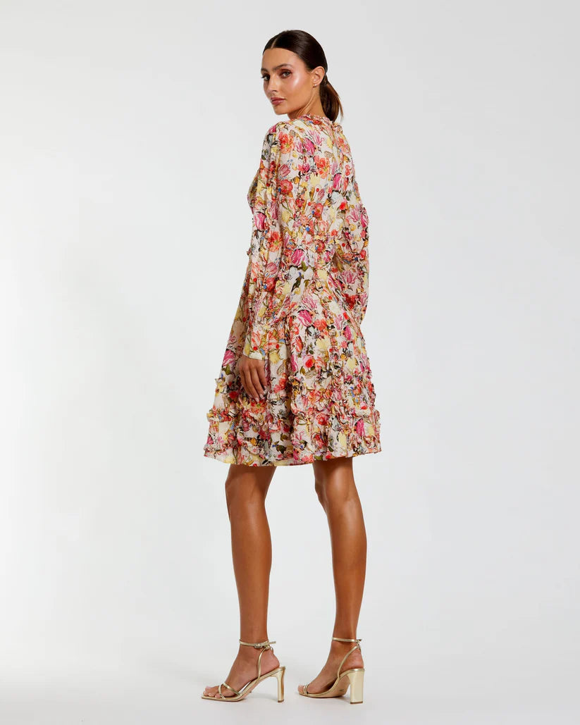 Mac Duggal 8261 Multicolor Ruffle Floral V Neck Cotton Mini Dress
