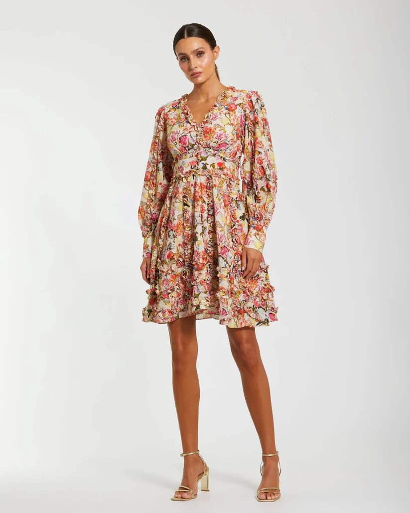 Mac Duggal 8261 Multicolor Ruffle Floral V Neck Cotton Mini Dress