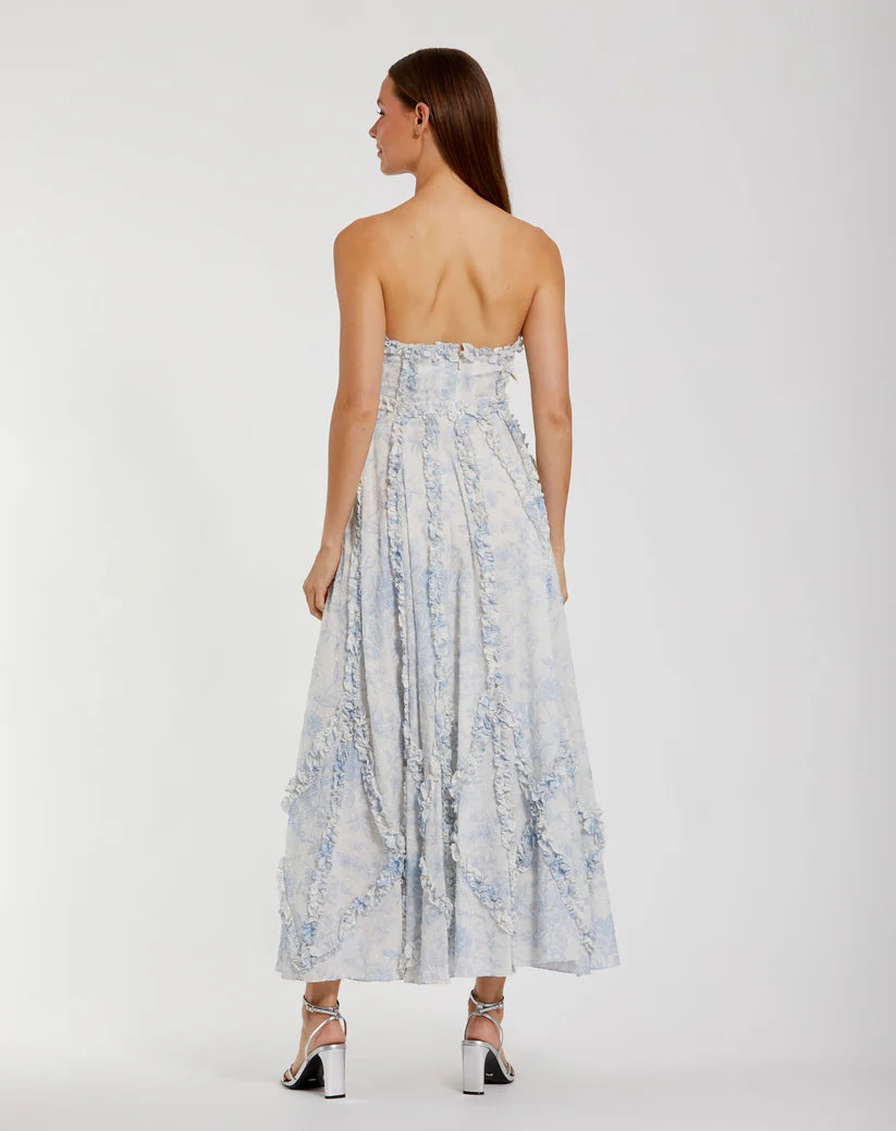 Mac Duggal Women's Floral Cotton Ruffle Strapless Gown - Blue Multi Mac Duggal Women's Floral Cotton Ruffle Strapless Gown - Blue Multi