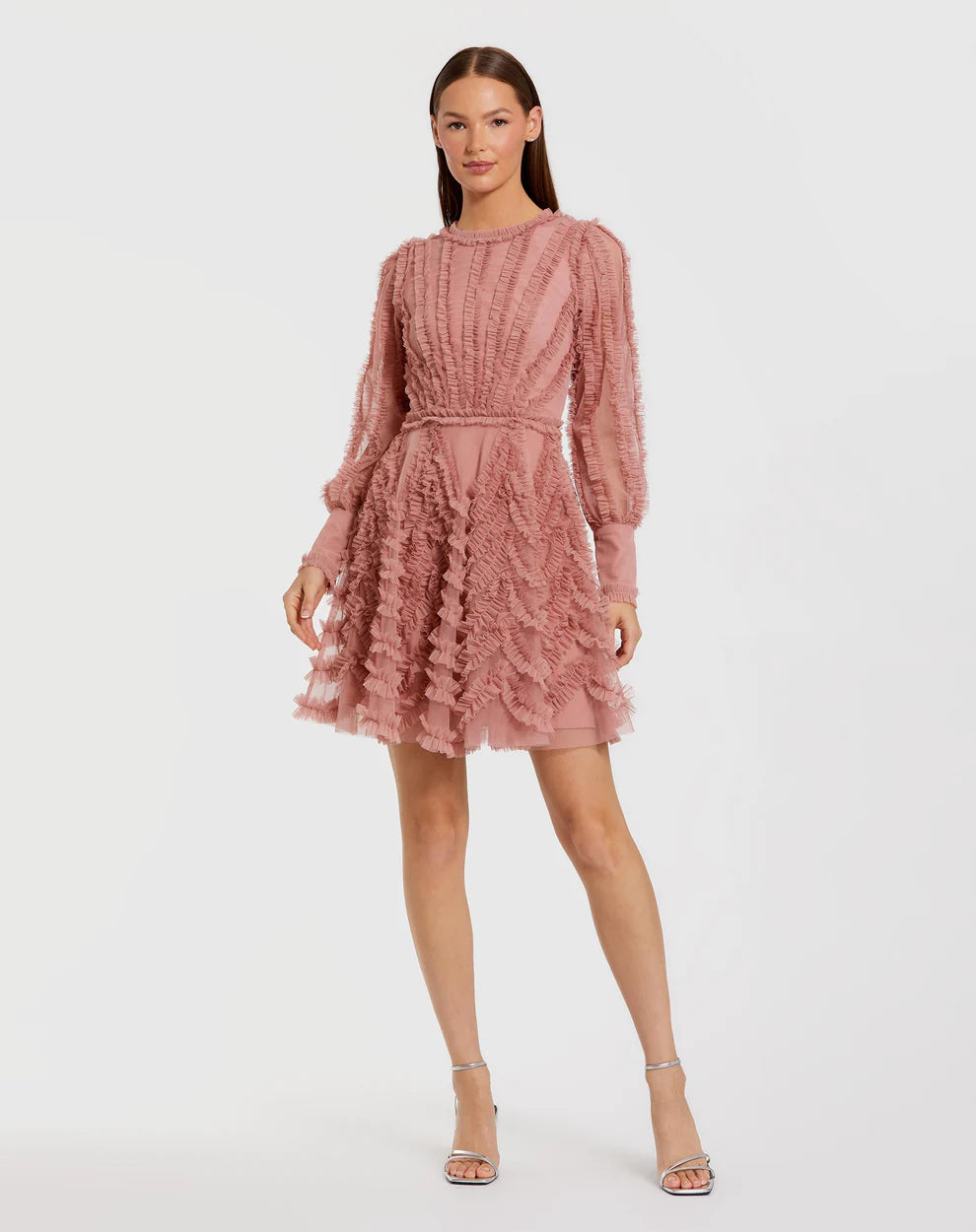 Mac Duggal 8290 Ruffle Lace Up Back Long Sleeve Mini Dress