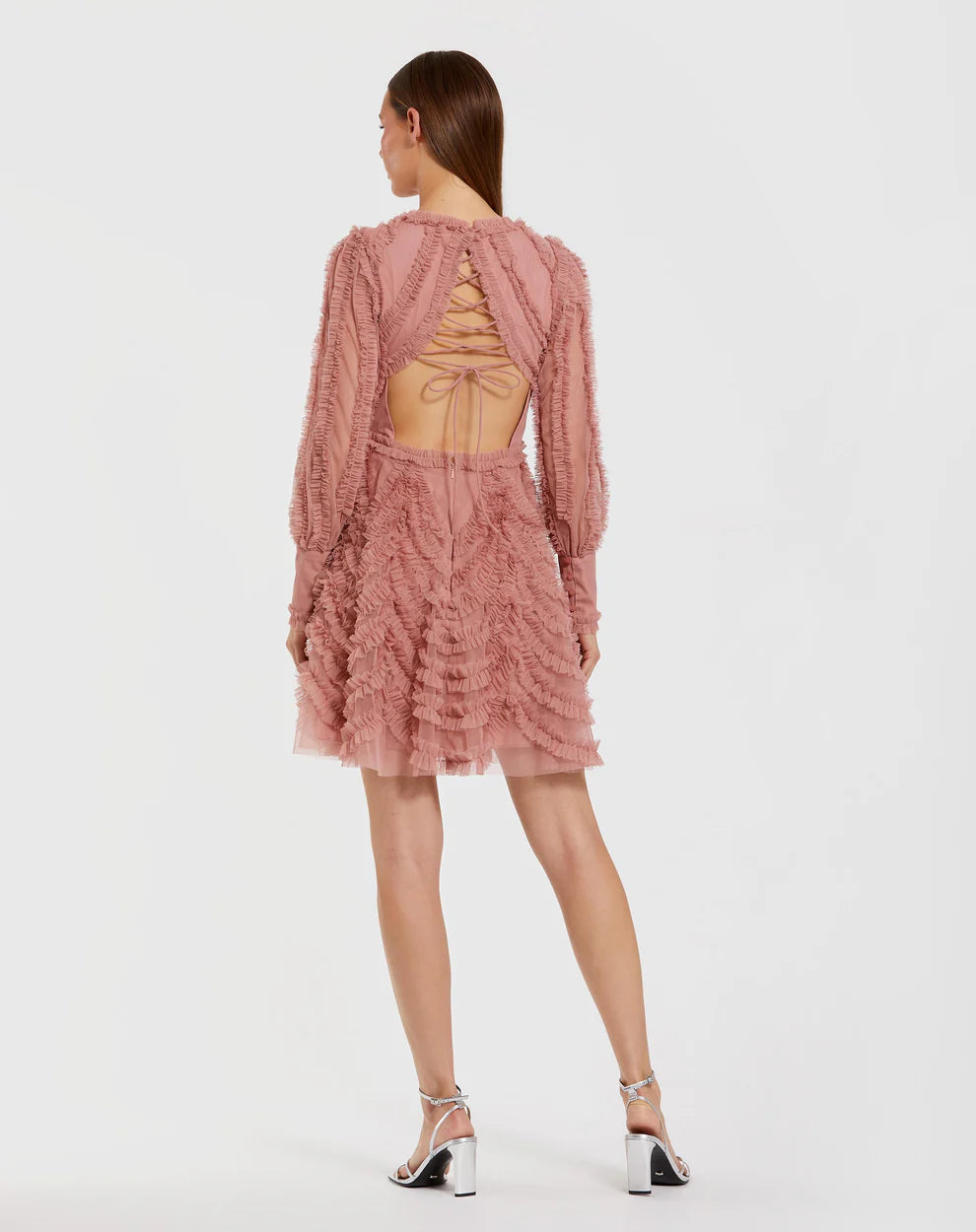 Mac Duggal 8290 Ruffle Lace Up Back Long Sleeve Mini Dress