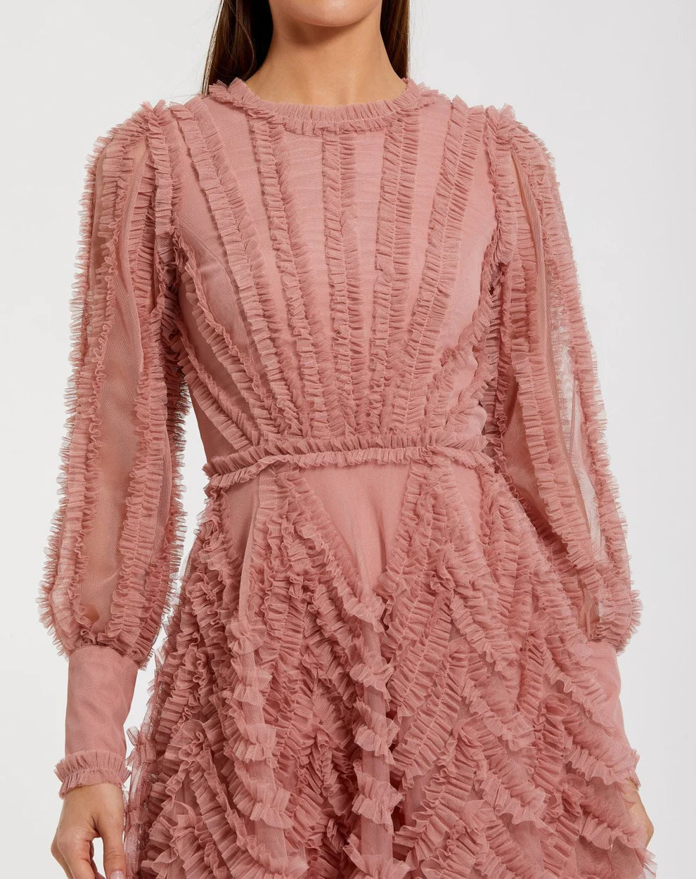 Mac Duggal 8290 Ruffle Lace Up Back Long Sleeve Mini Dress