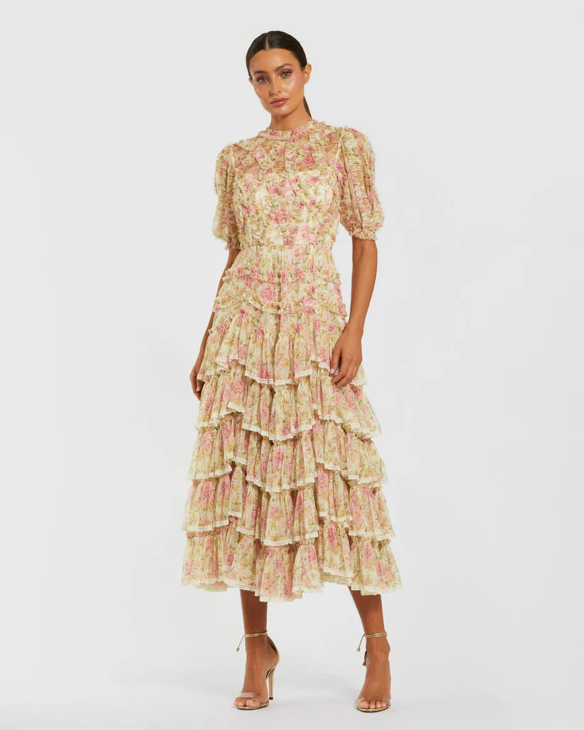 Mac Duggal 8295 Floral High Neck Midi Dress with Lace Trim