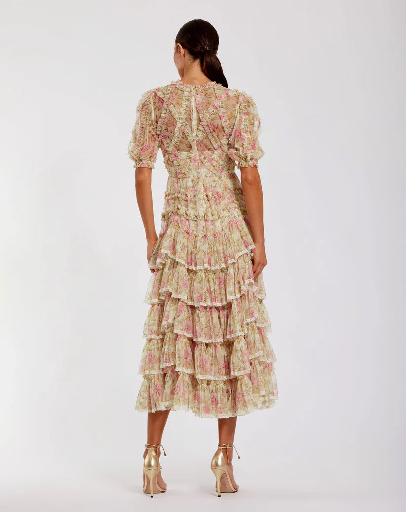 mac duggal lace dress Pink Floral Applique Long Sleeve Illusion Gown