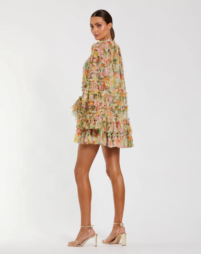 Mac Duggal 8300 Multicolor Printed Mesh Ruffle High Neck Mini Dress