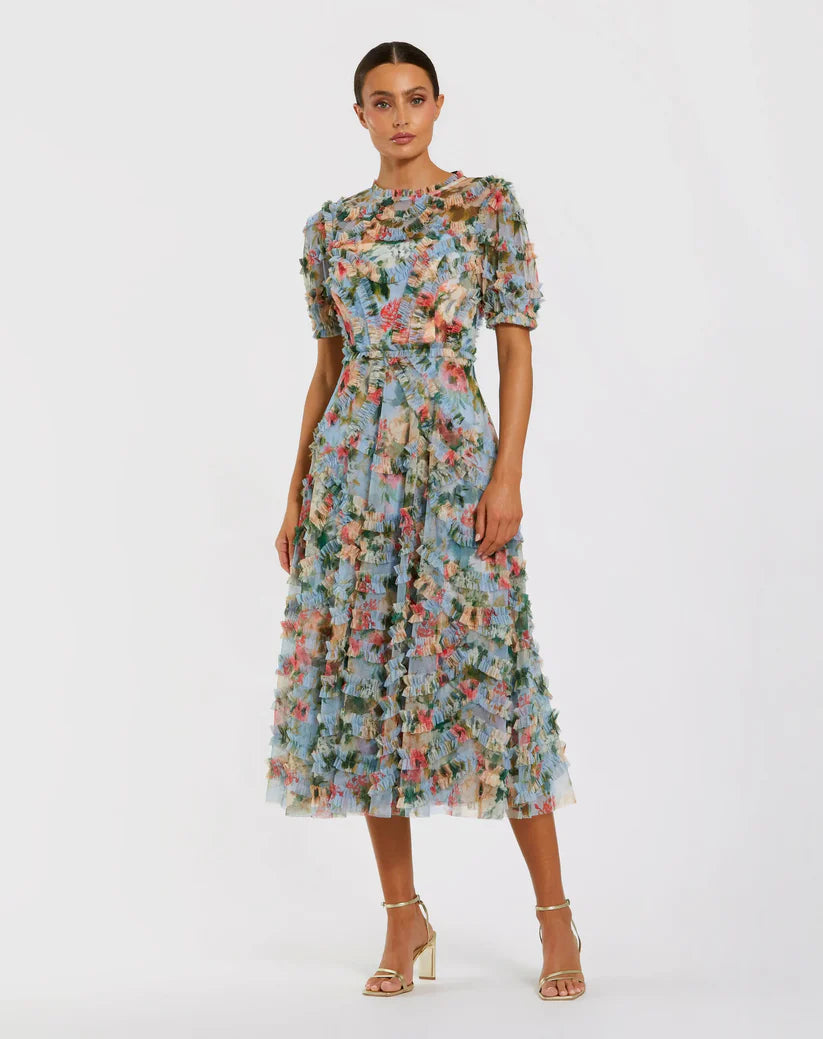 Mac Duggal 8302 Floral Mesh Ruffle High Neck Midi Dress