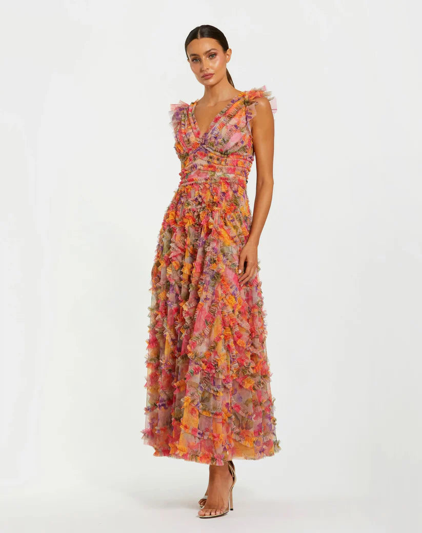 Mac Duggal 8303 Multicolor Floral Mesh Ruffle V Neck Ankle Dress
