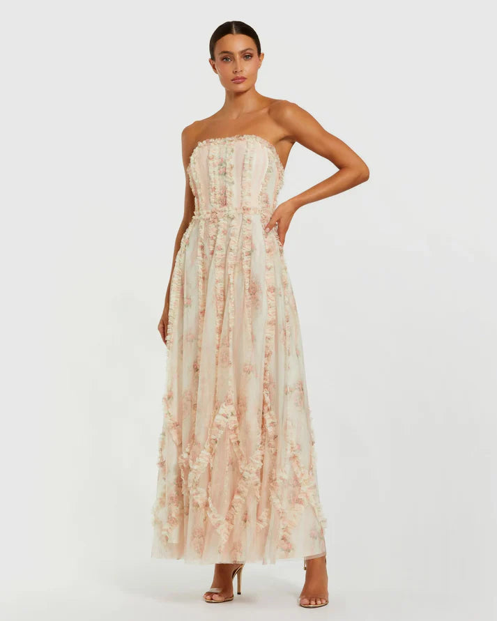 Mac Duggal 8308 Ivory Strapless Floral Printed Ruffle Dress