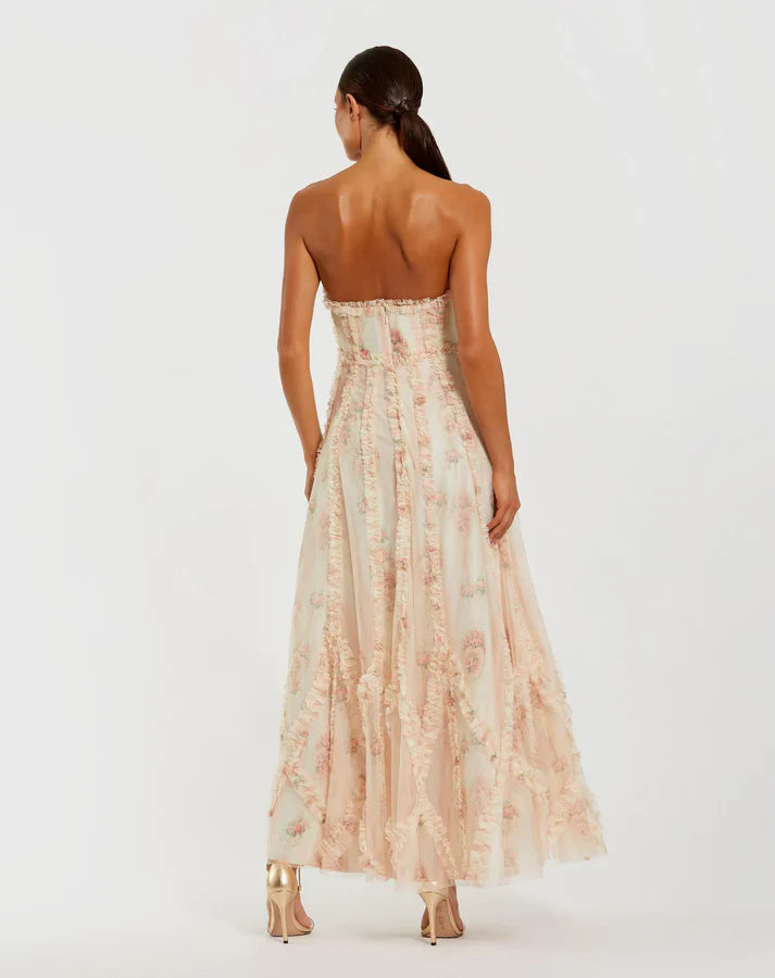 Mac Duggal 8308 Ivory Strapless Floral Printed Ruffle Dress