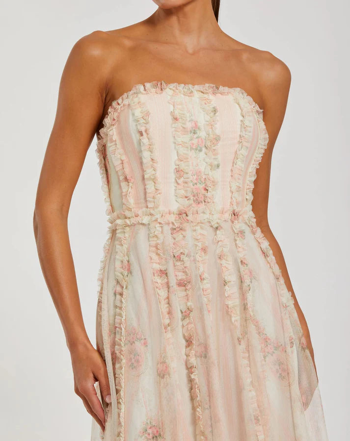 Mac Duggal 8308 Ivory Strapless Floral Printed Ruffle Dress