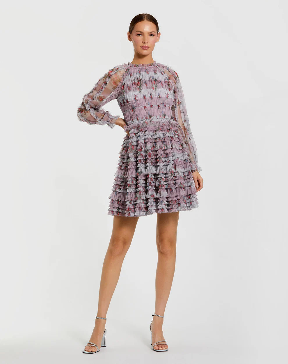 Mac Duggal 8328 Long Sleeve Floral Ruffle Mini Dress