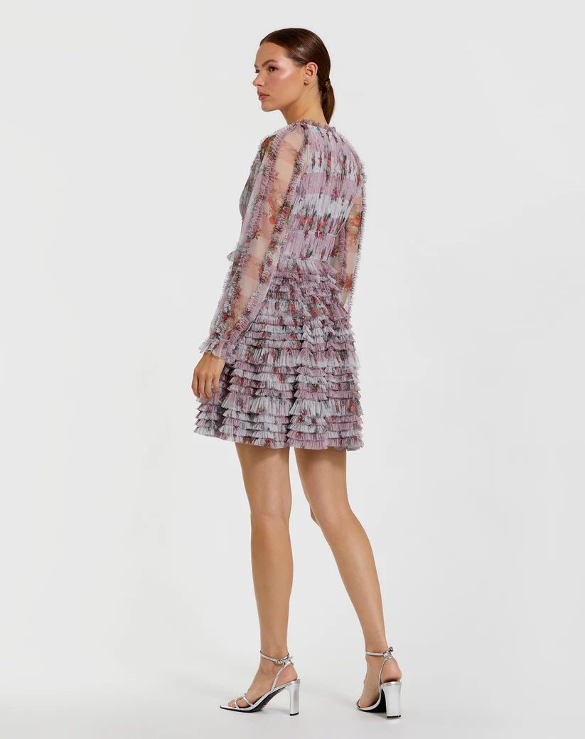 Mac Duggal 8328 Long Sleeve Floral Ruffle Mini Dress