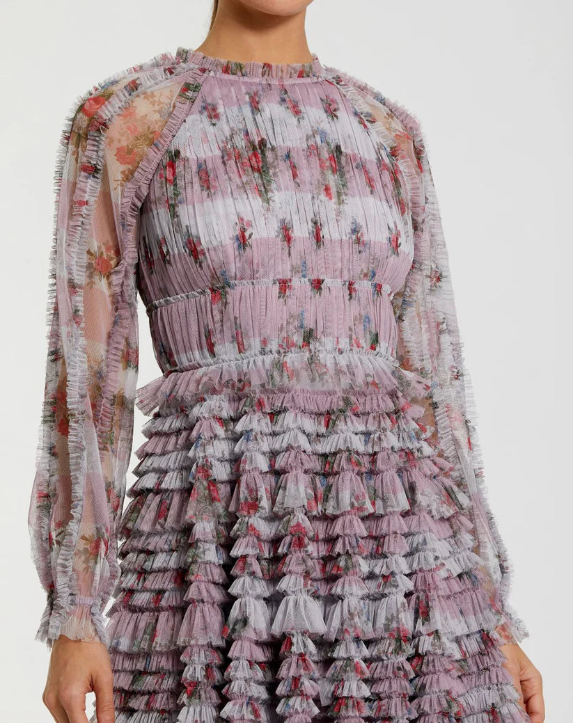 Mac Duggal 8328 Long Sleeve Floral Ruffle Mini Dress