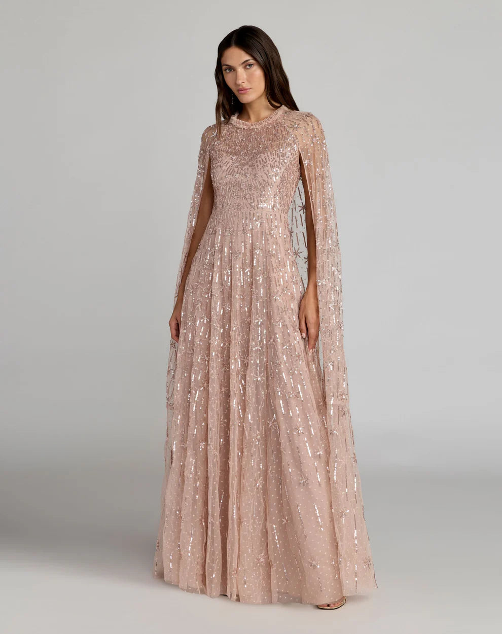 Mac Duggal 8415 Pink Embellished Ruffled High Neck Gown With Cape Sleeves
