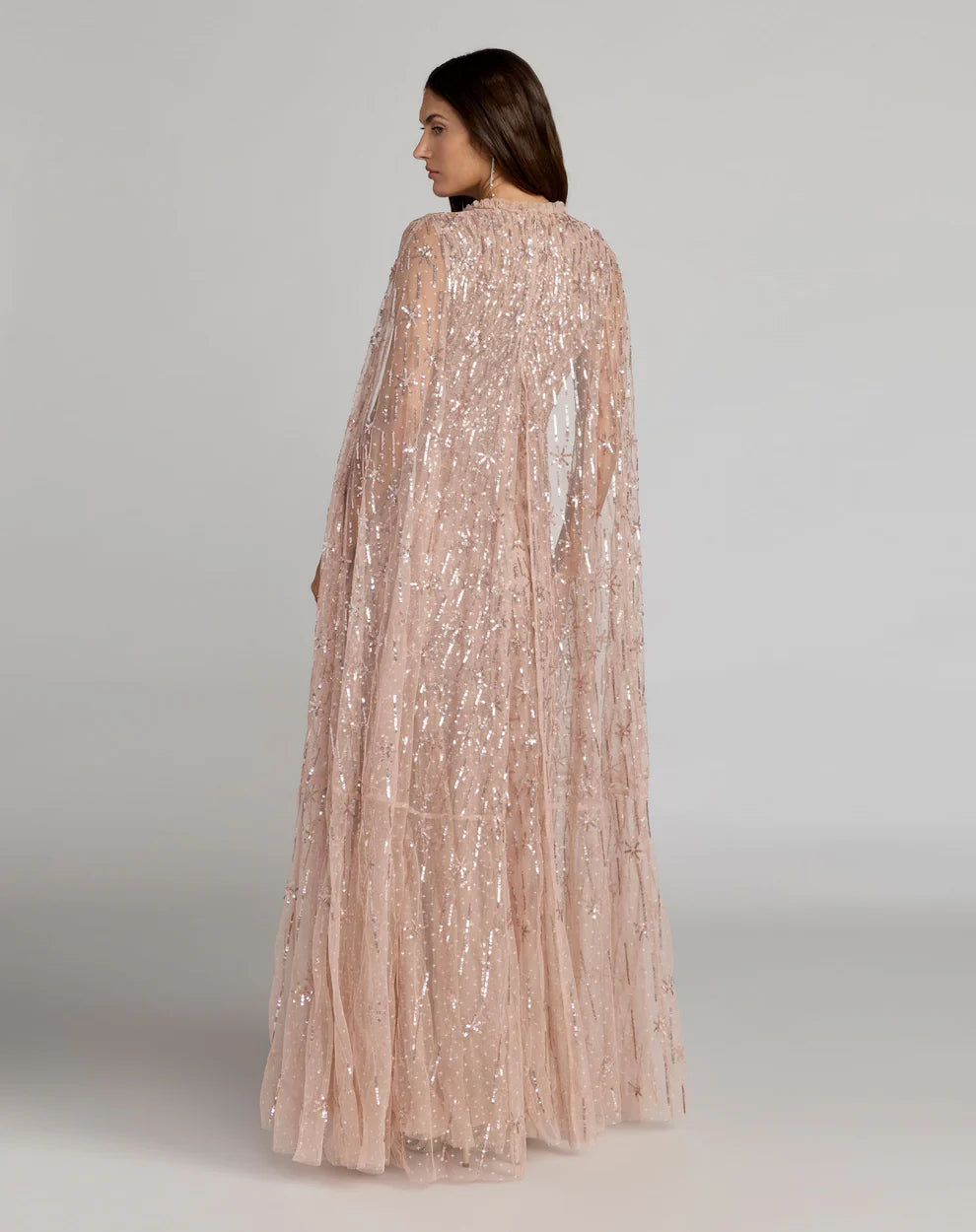 Mac Duggal 8415 Pink Embellished Ruffled High Neck Gown With Cape Sleeves