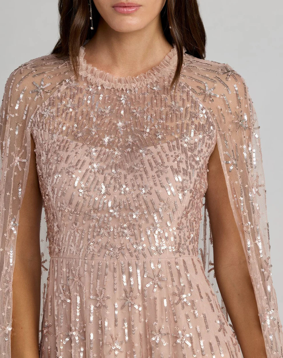 Mac Duggal 8415 Pink Embellished Ruffled High Neck Gown With Cape Sleeves