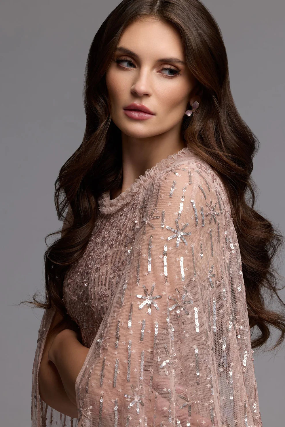 Mac Duggal 8415 Pink Embellished Ruffled High Neck Gown With Cape Sleeves