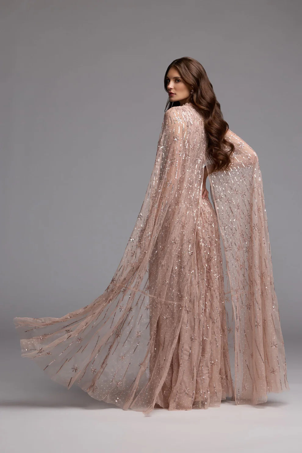 Mac Duggal 8415 Pink Embellished Ruffled High Neck Gown With Cape Sleeves