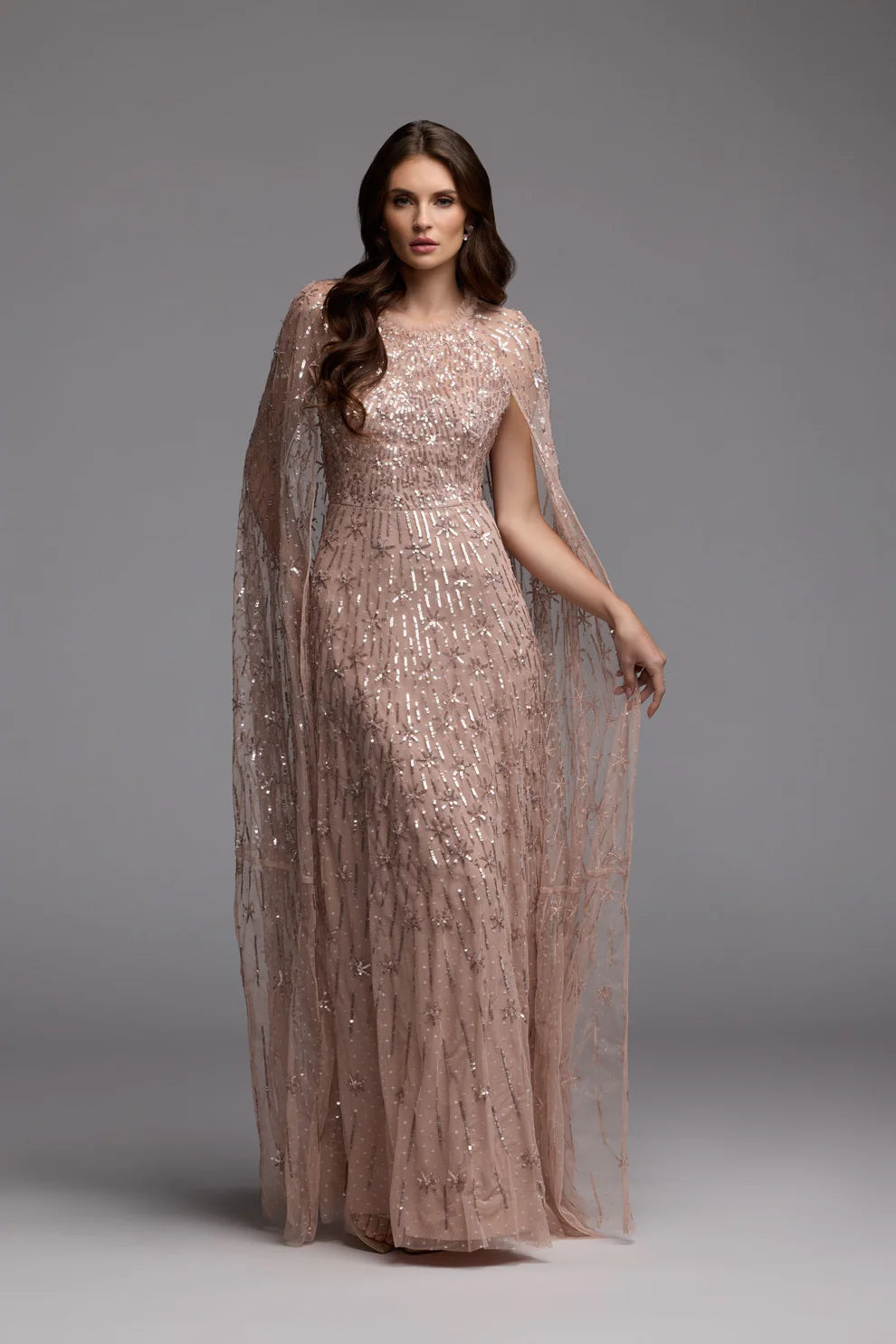 Mac Duggal 8415 Pink Embellished Ruffled High Neck Gown With Cape Sleeves