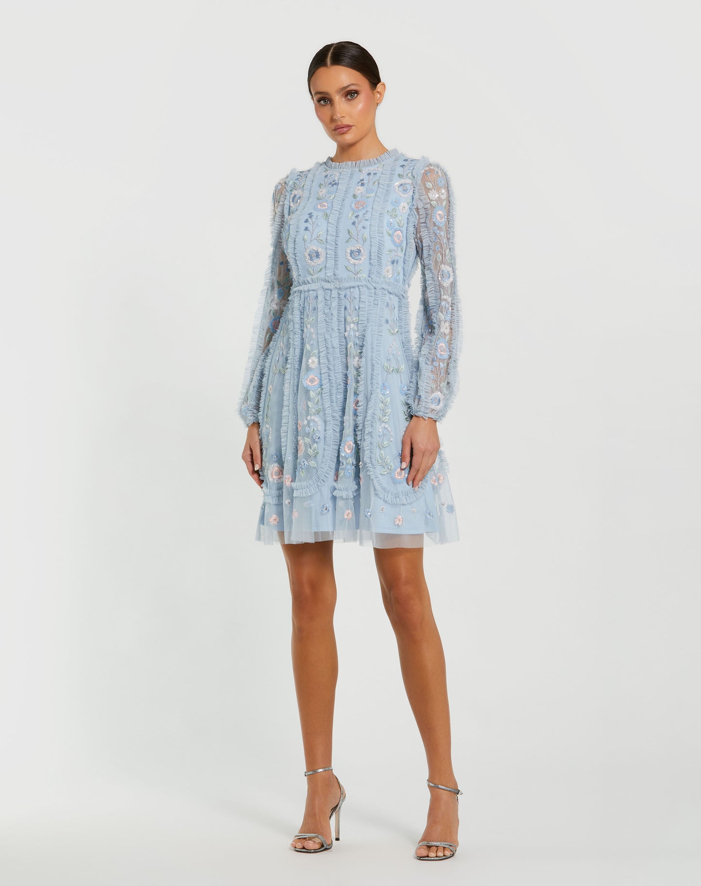 Mac Duggal 9365 Floral Mesh Long Sleeve Micro Ruffle Mini Dress