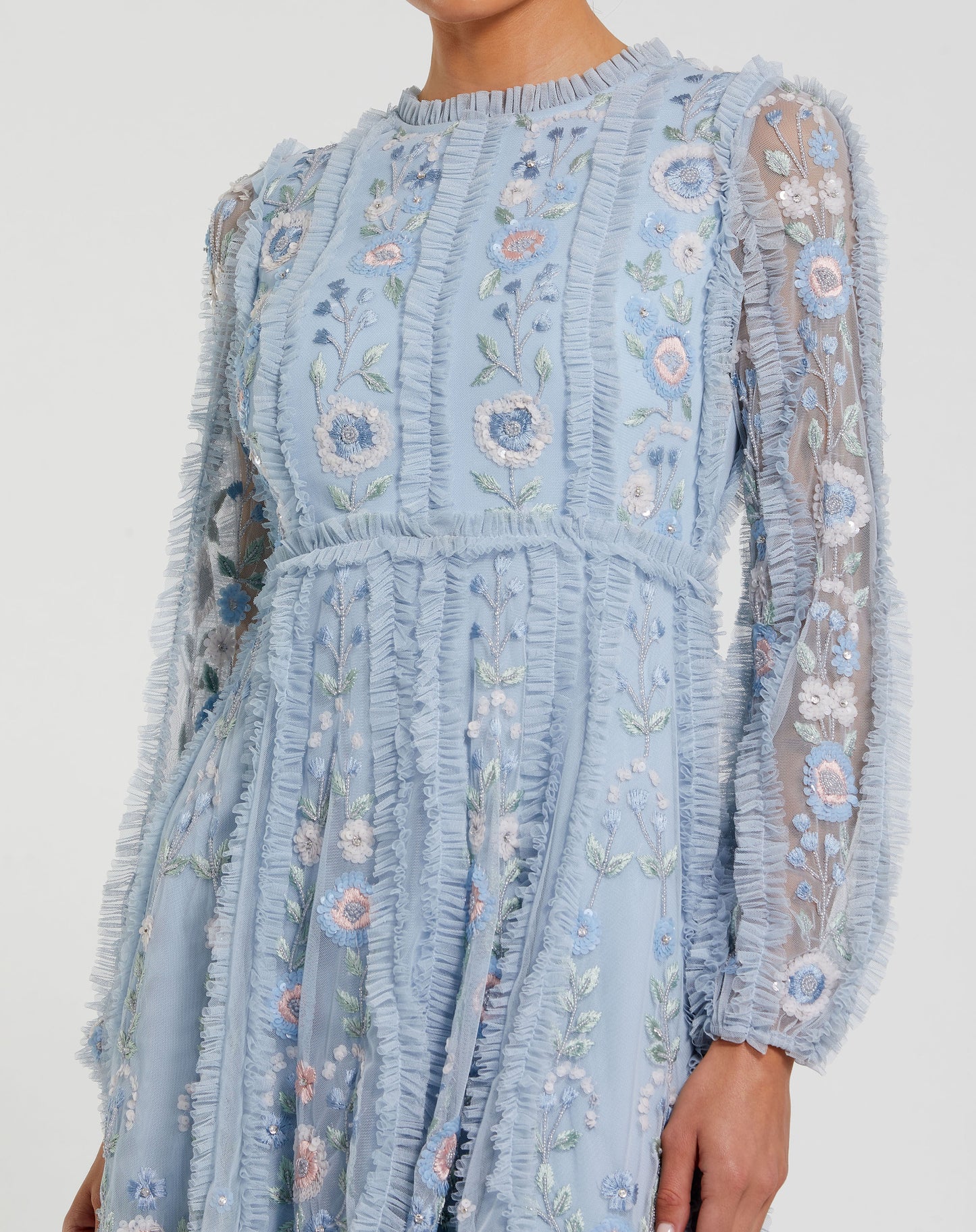 Mac Duggal 9365 Floral Mesh Long Sleeve Micro Ruffle Mini Dress