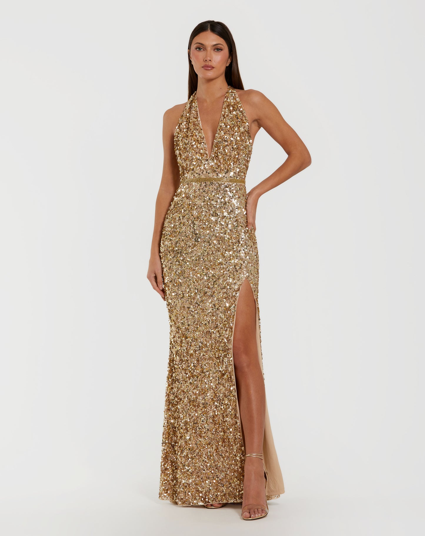 Mac Duggal 93745 Gold Sequined Plunging Halter V-Neck Gown with a High Side Slit