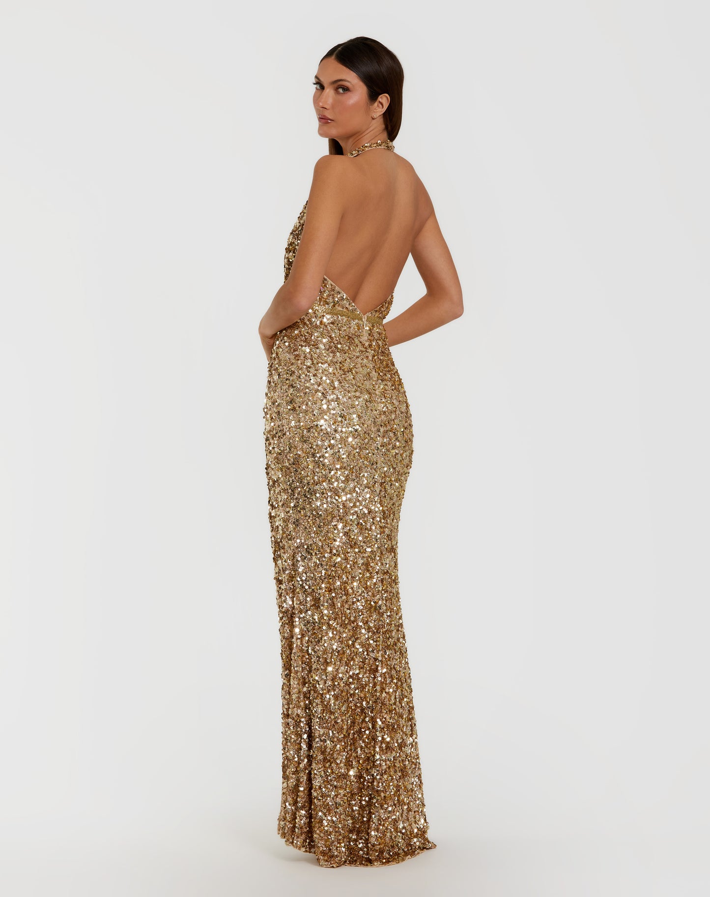 Mac Duggal 93745 Gold Sequined Plunging Halter V-Neck Gown with a High Side Slit