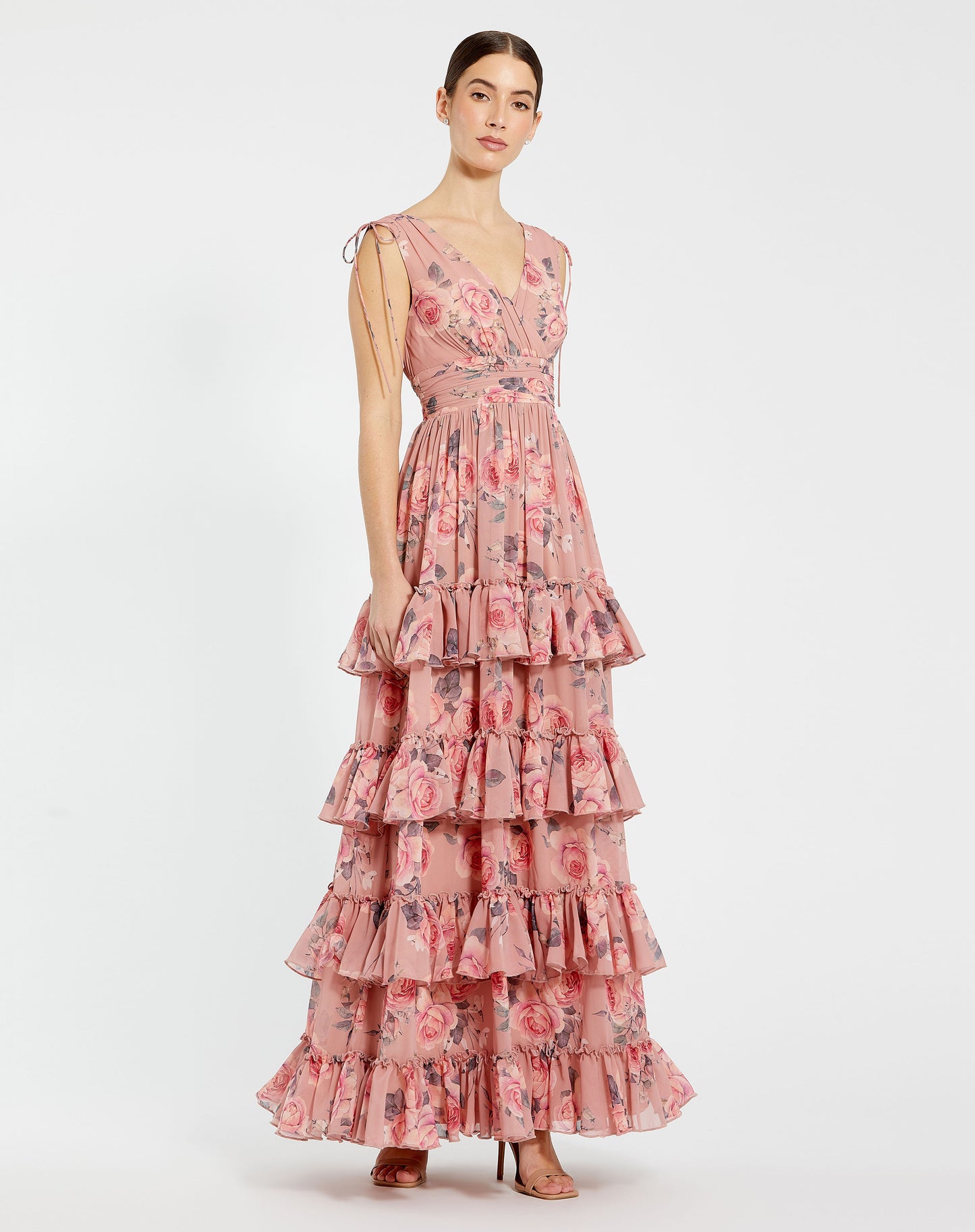 Mac Duggal 9386 Drawstring Shoulder Floral Chiffon Tiered Gown