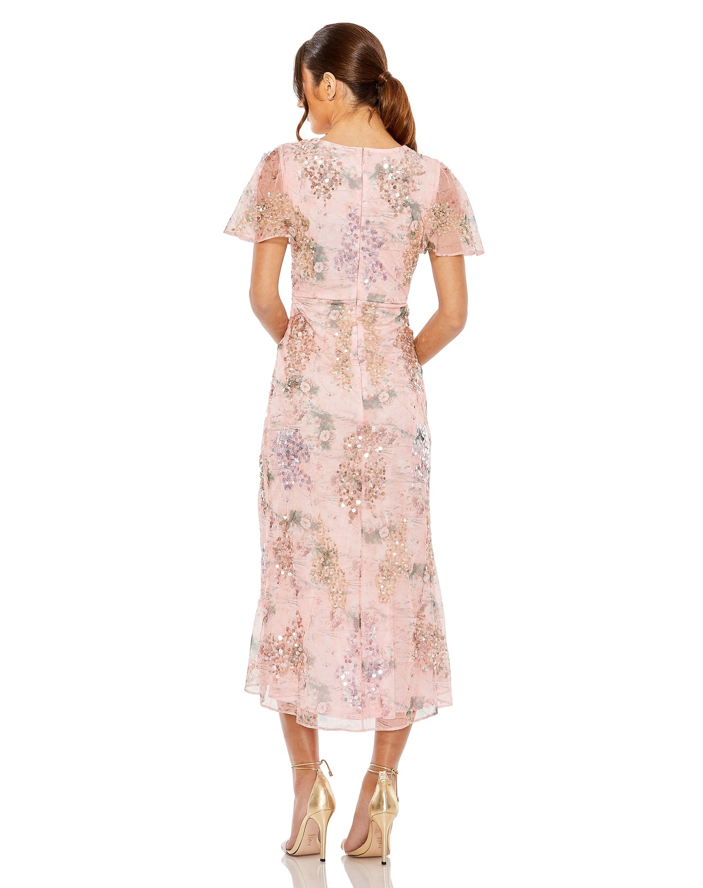 Mac Duggal 93949 Printed Mesh Flutter Sleeve Faux Wrap Midi Dress B Chic Fashions Mac Duggal 93949 Printed Mesh Flutter Sleeve Faux Wrap Midi Dress B Chic Fashions