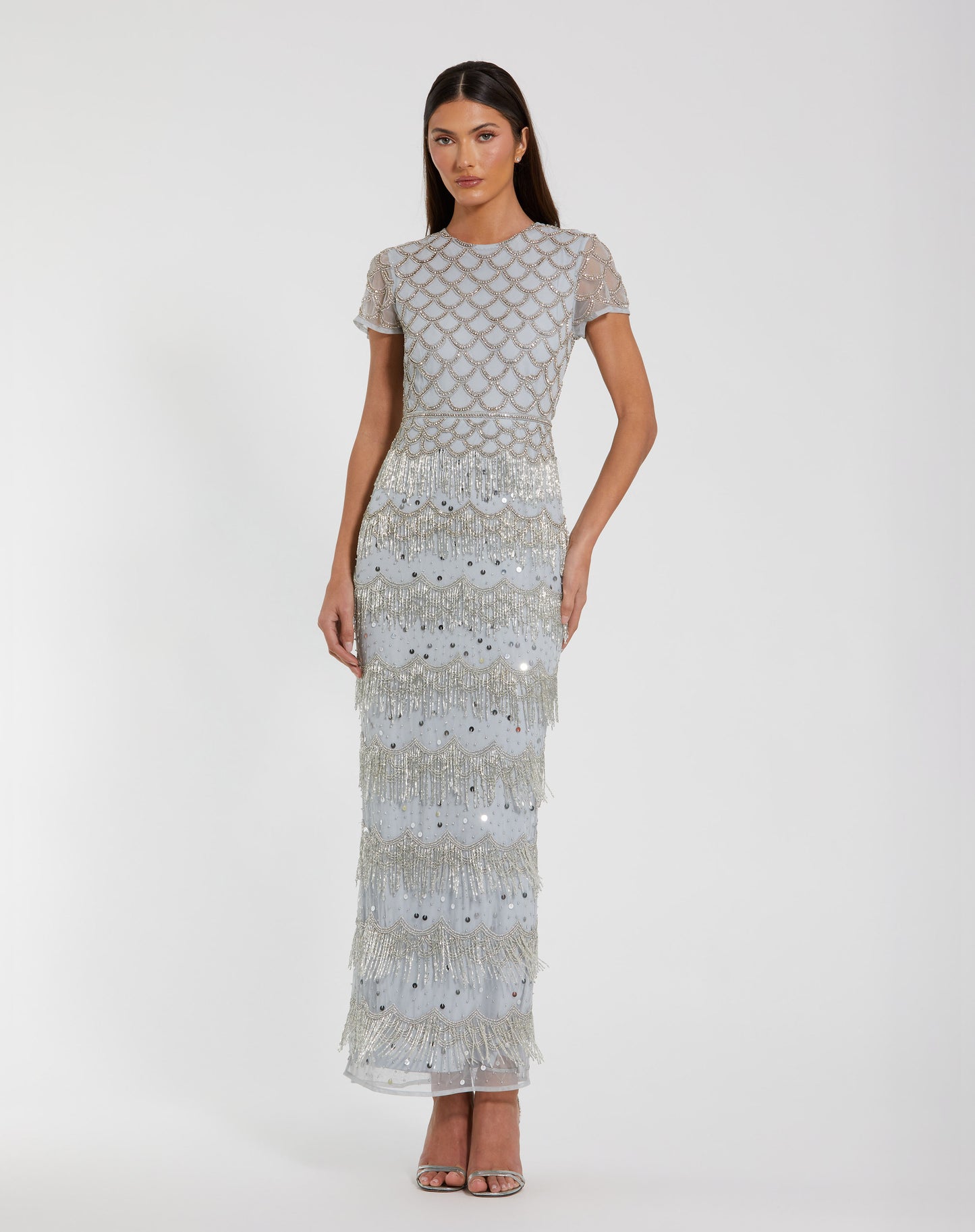 Mac Duggal 94077 Fringe Embellished Mesh Ankle Length Dress