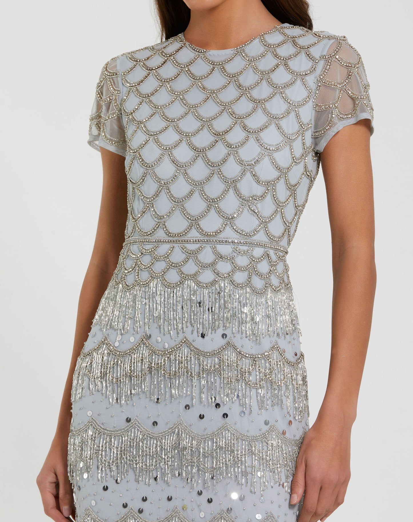 Mac Duggal 94077 Fringe Embellished Mesh Ankle Length Dress