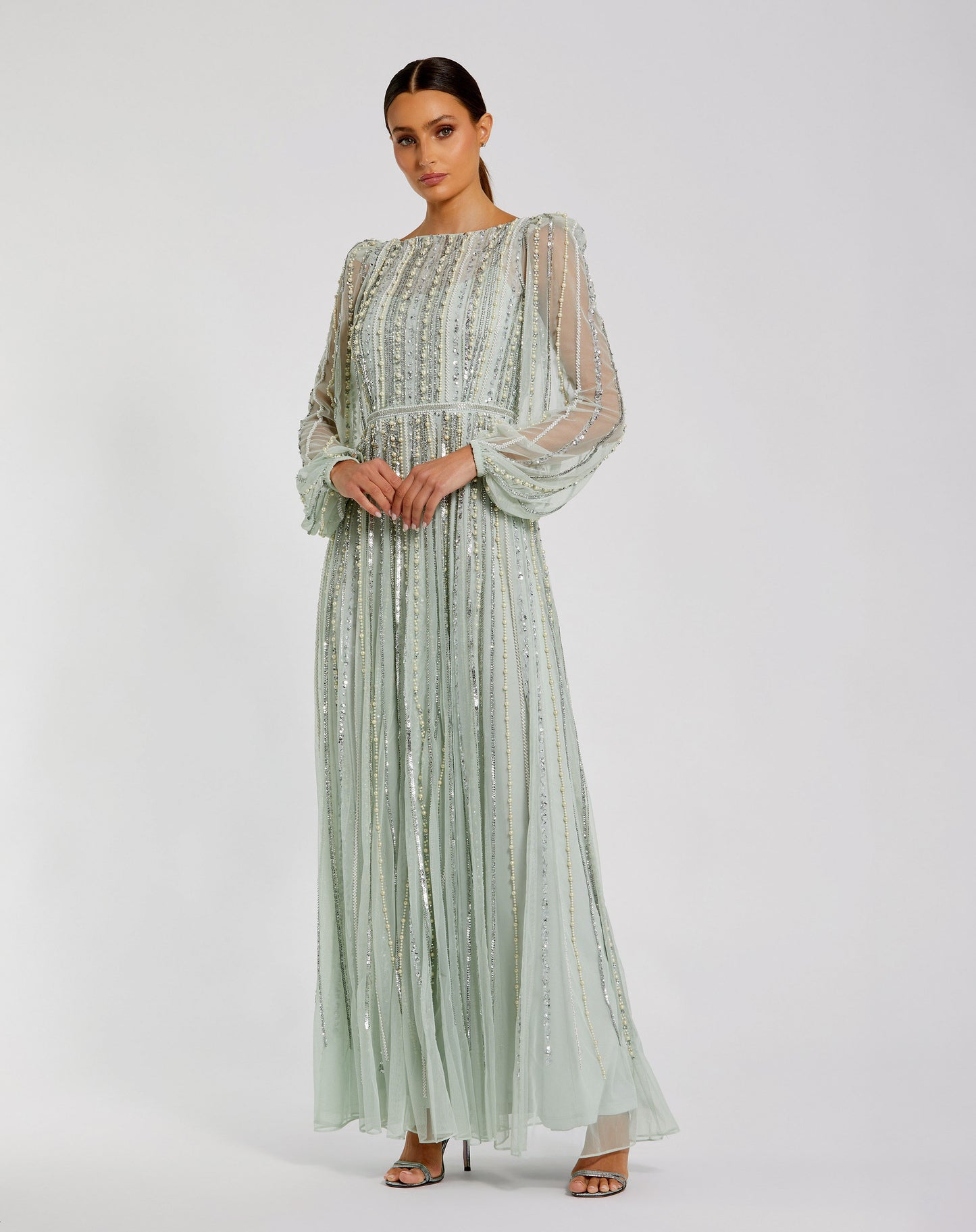 Mac Duggal 94081 Boat Neck Long Sleeve Gown with Striped Beading