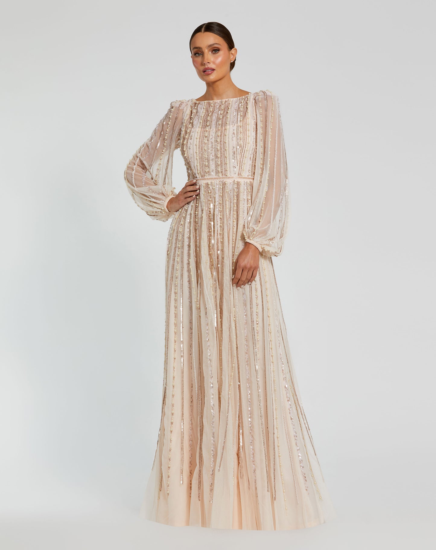 Mac Duggal 94081 Boat Neck Long Sleeve Gown with Striped Beading