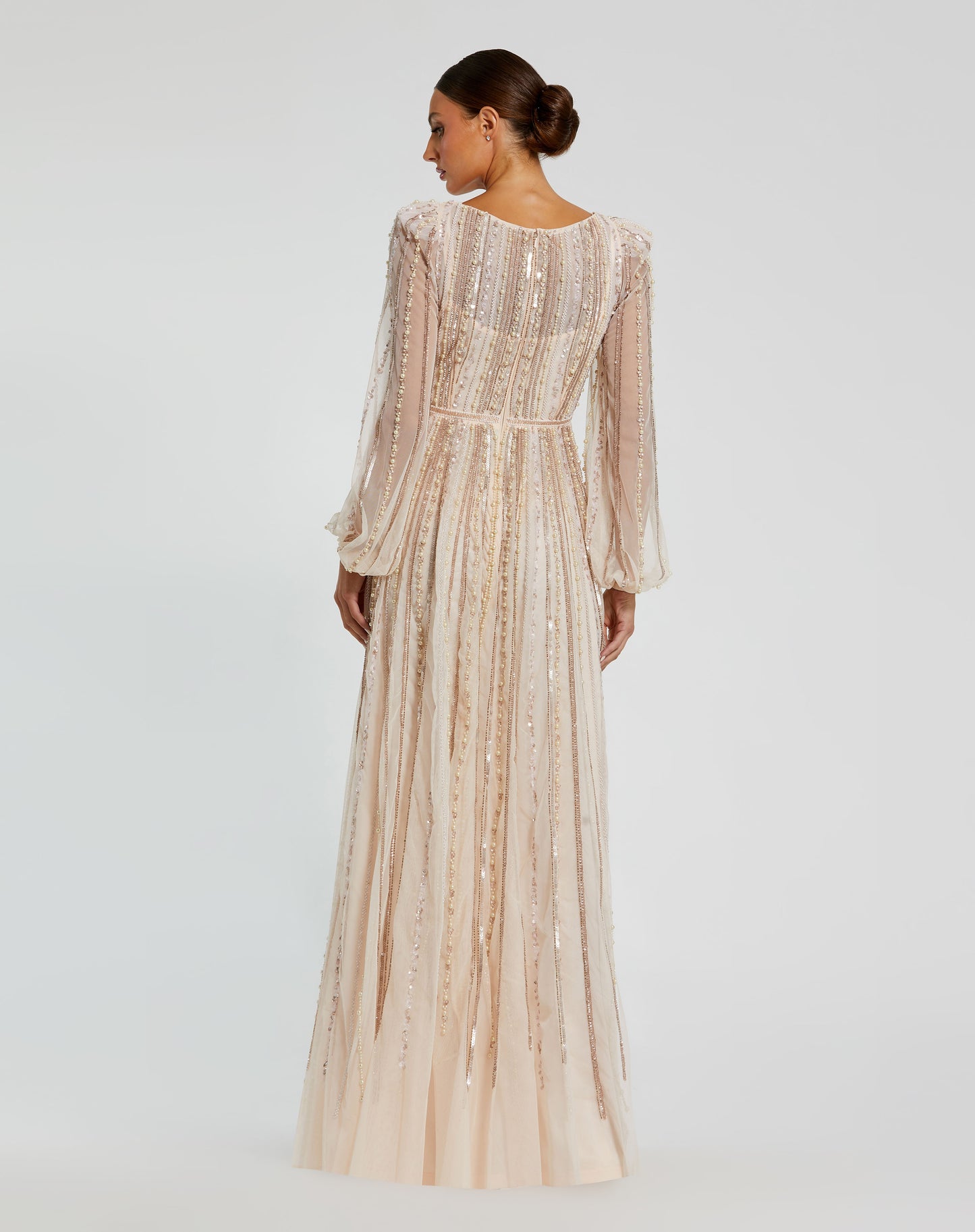 Mac Duggal 94081 Boat Neck Long Sleeve Gown with Striped Beading