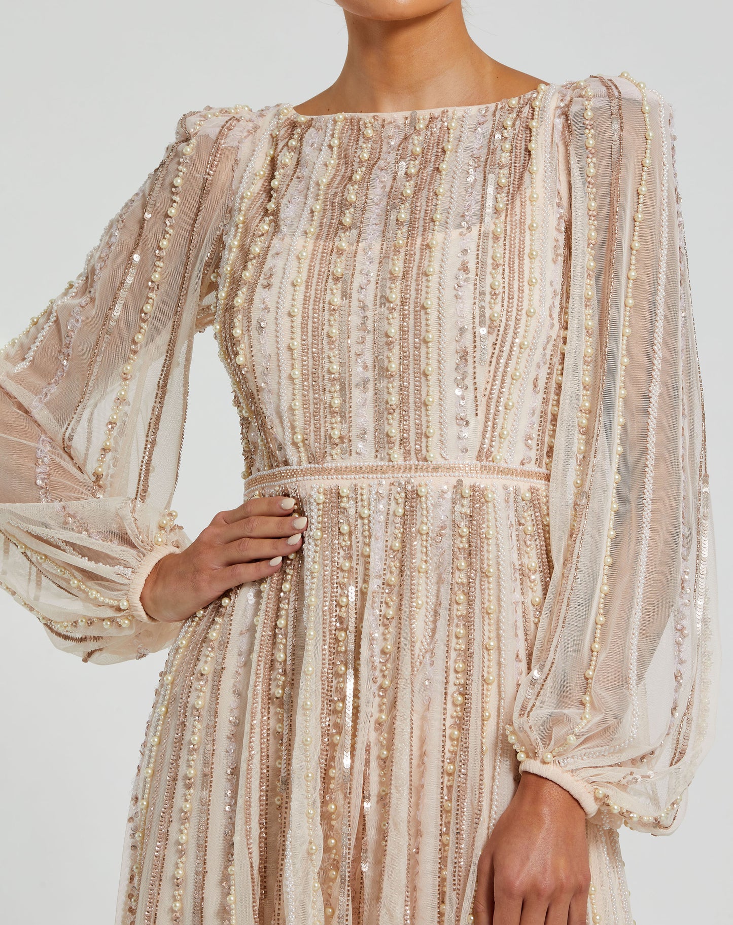 Mac Duggal 94081 Boat Neck Long Sleeve Gown with Striped Beading