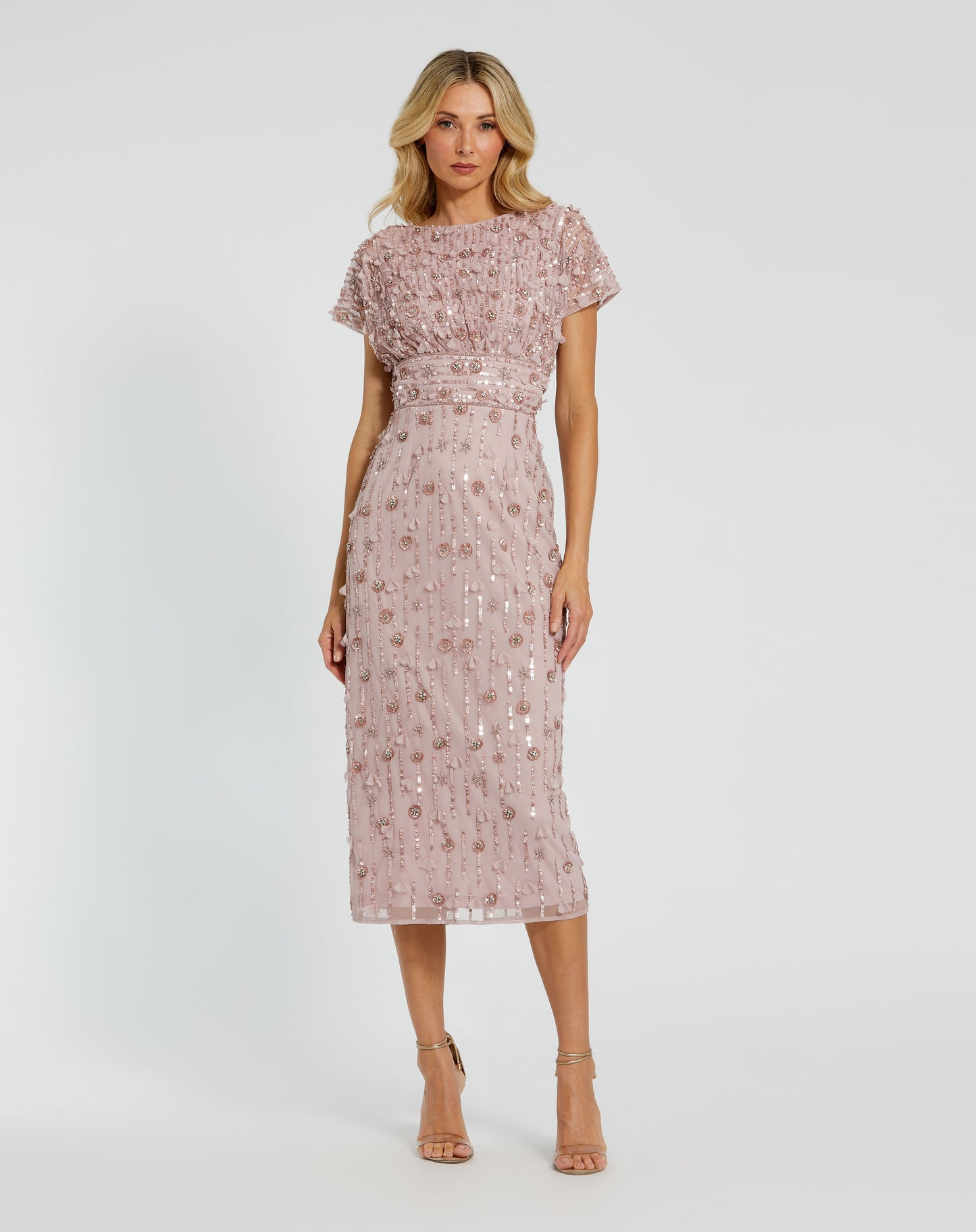 Mac Duggal 94117 Cap Sleeve Column Midi Dress with Floral Beading - Vintage Lilac / 2 Mac Duggal 94117 Cap Sleeve Column Midi Dress with Floral Beading - Vintage Lilac / 2