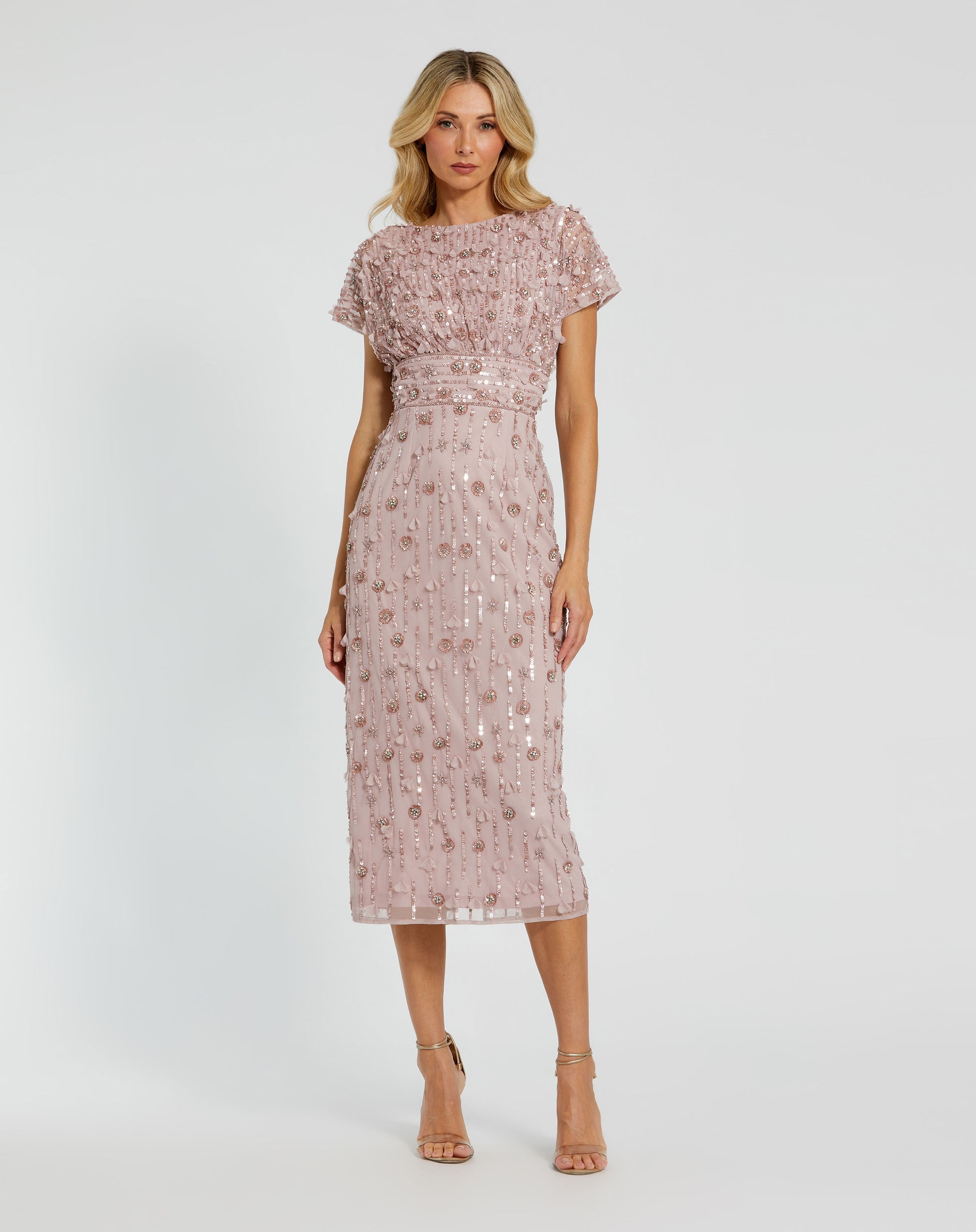 Mac Duggal - Pink Cap Sleeve Sheath Midi Dress With Floral Beading - Vintage Lilac / US 16 Mac Duggal - Pink Cap Sleeve Sheath Midi Dress With Floral Beading - Vintage Lilac / US 16