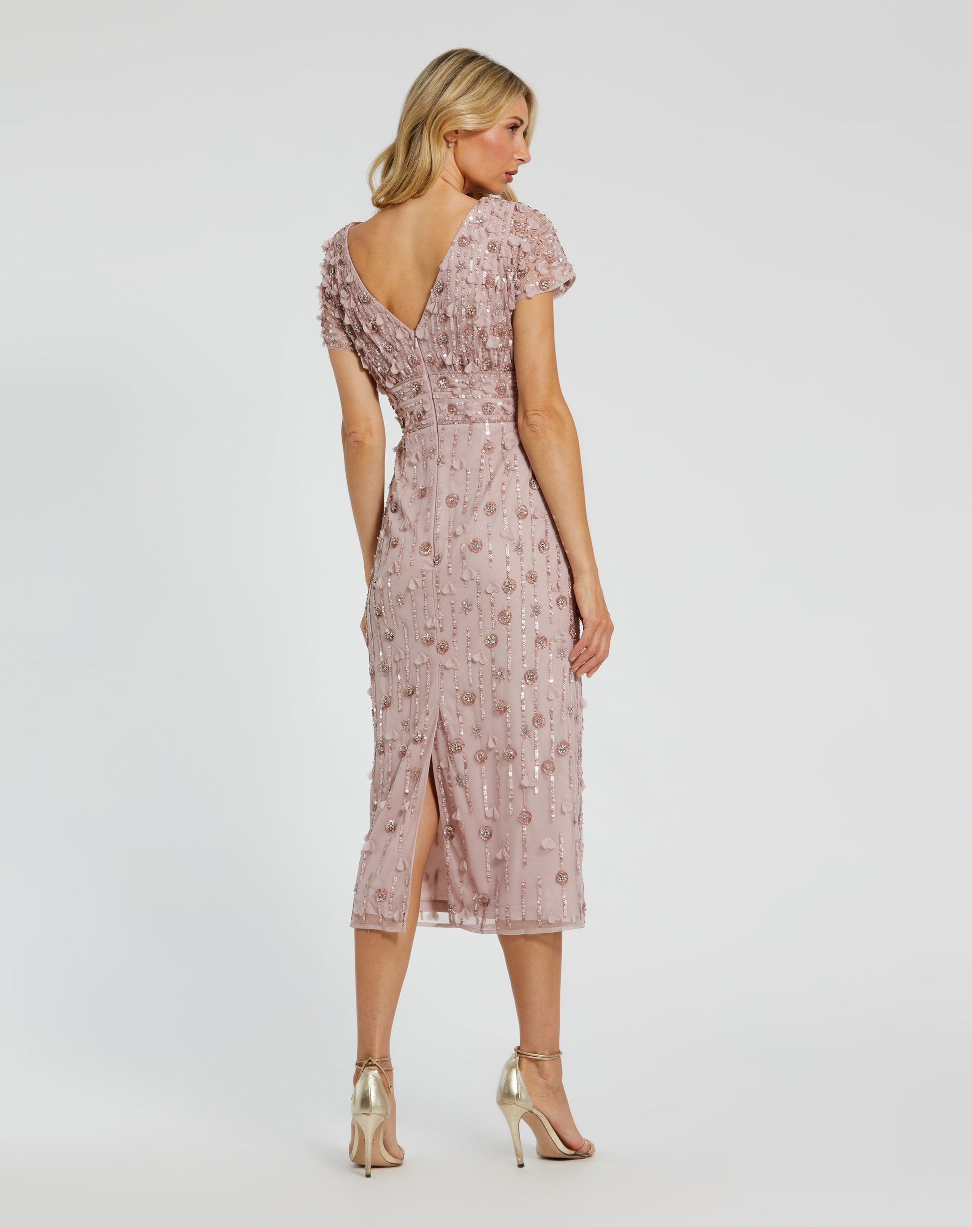Mac Duggal - Pink Cap Sleeve Sheath Midi Dress with Floral Beading - Vintage Lilac / US 16 Mac Duggal - Pink Cap Sleeve Sheath Midi Dress with Floral Beading - Vintage Lilac / US 16