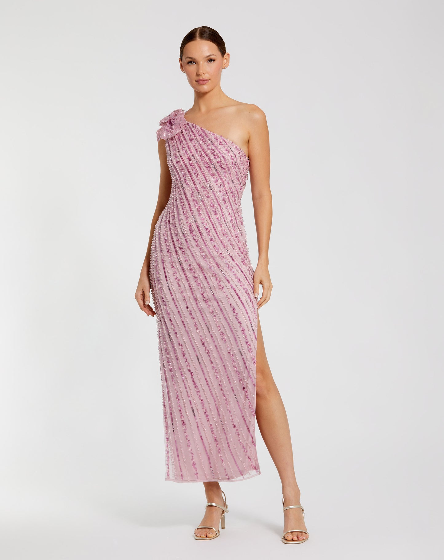 Mac Duggal 94221 One Shoulder Beaded Mesh Dress With Flower