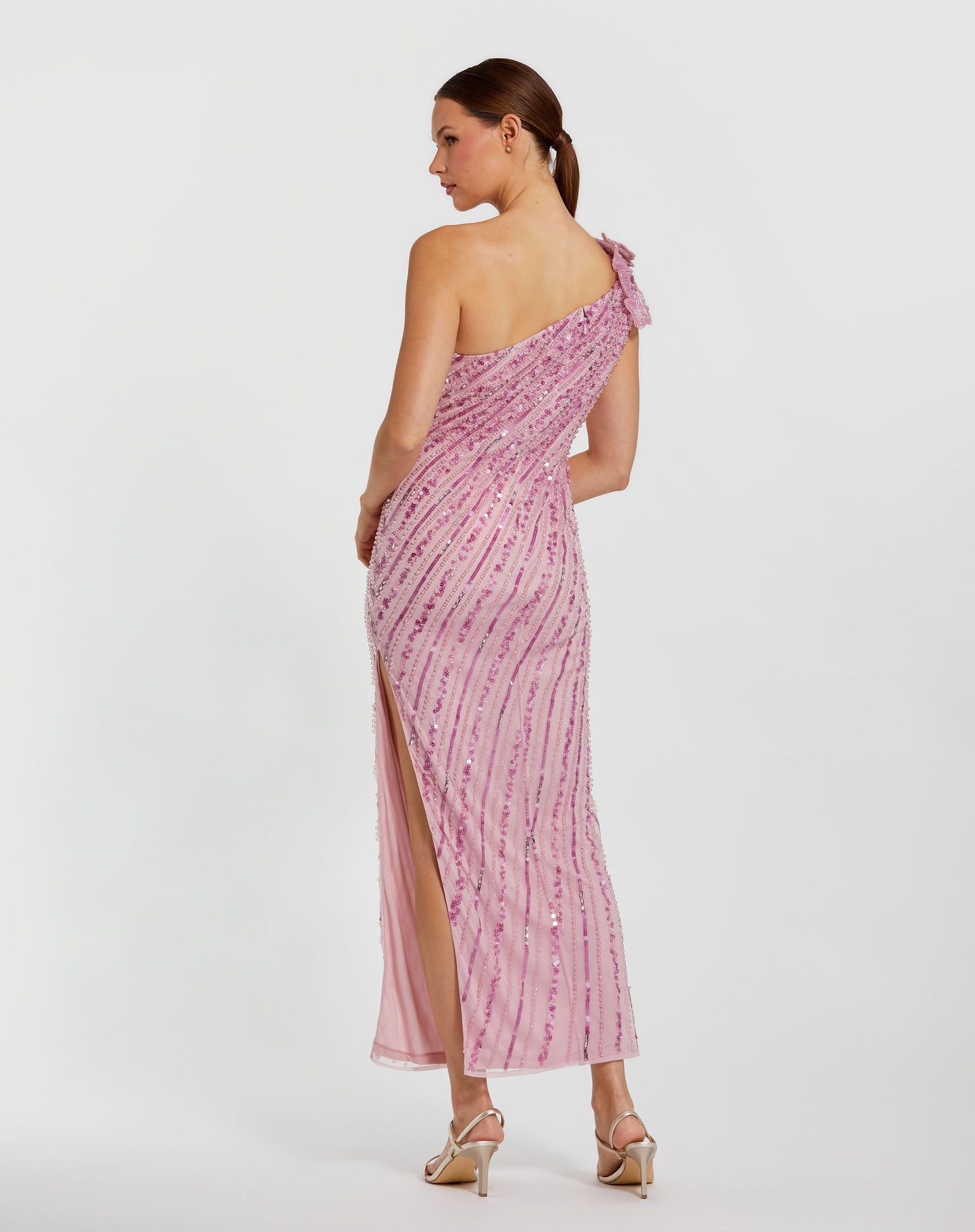Mac Duggal 94221 One Shoulder Beaded Mesh Dress With Flower
