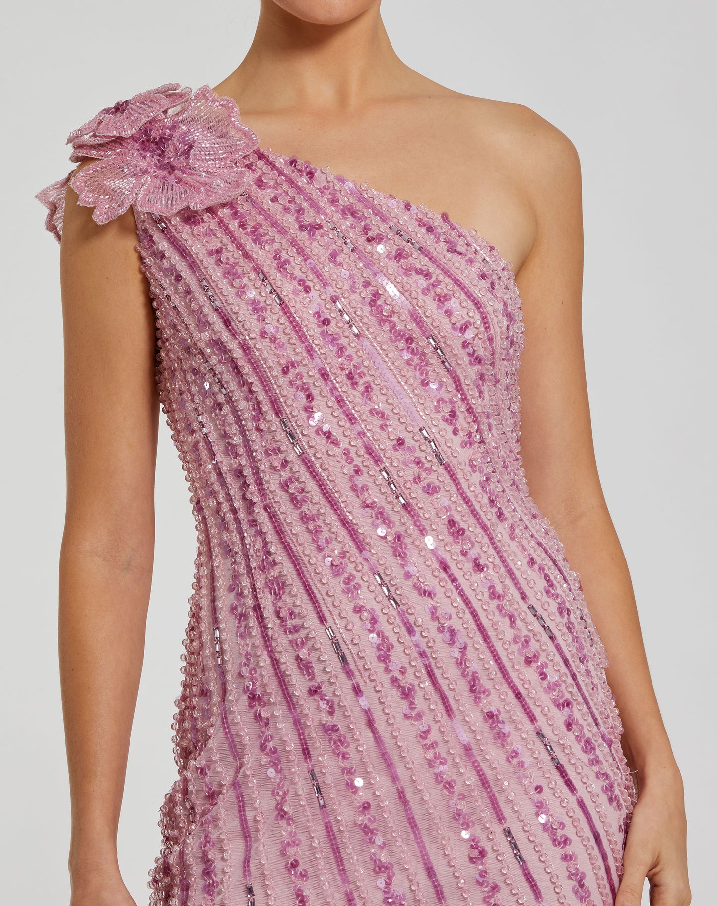 Mac Duggal 94221 One Shoulder Beaded Mesh Dress With Flower