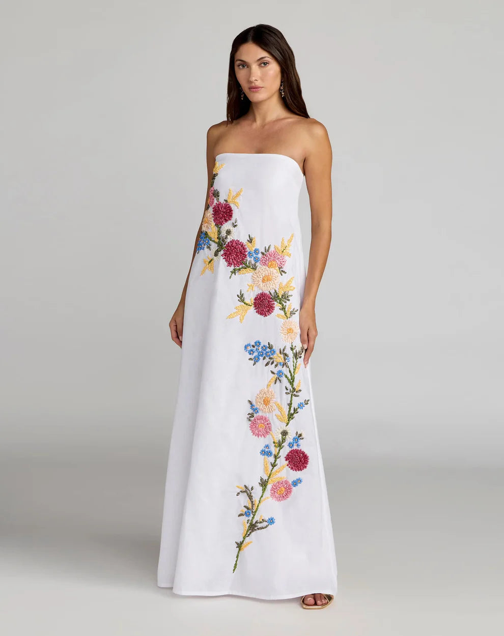 Mac Duggal 9498 White Strapless Straight Neckline Floral Embroidered Linen Gown