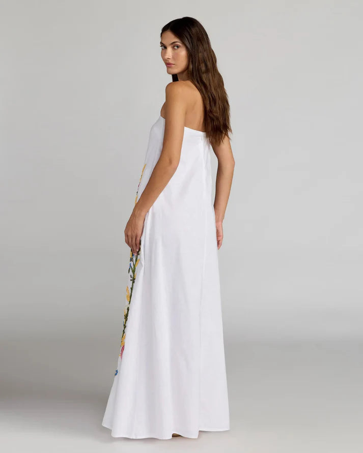 Mac Duggal 9498 White Strapless Straight Neckline Floral Embroidered Linen Gown