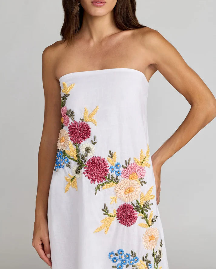 Mac Duggal 9498 White Strapless Straight Neckline Floral Embroidered Linen Gown