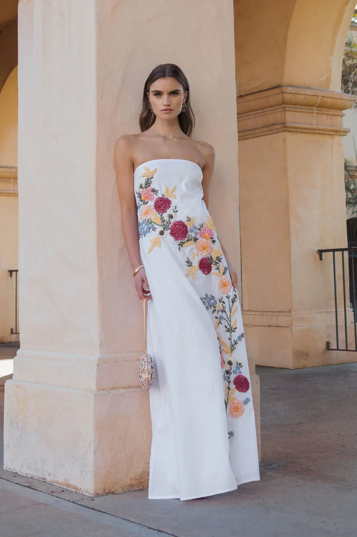 Mac Duggal 9498 White Strapless Straight Neckline Floral Embroidered Linen Gown