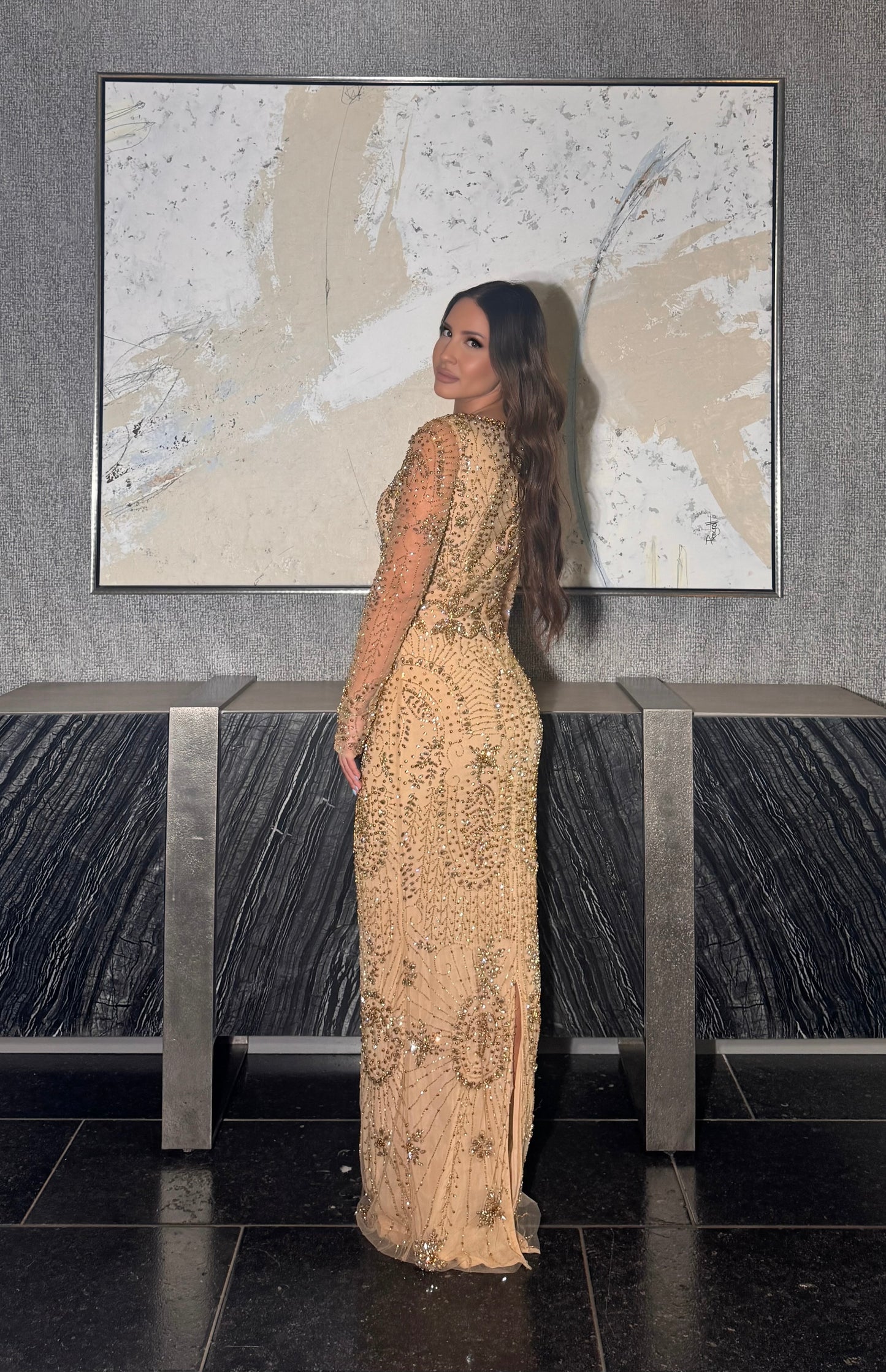 Khalilah Modest long sleeve Gold Dress