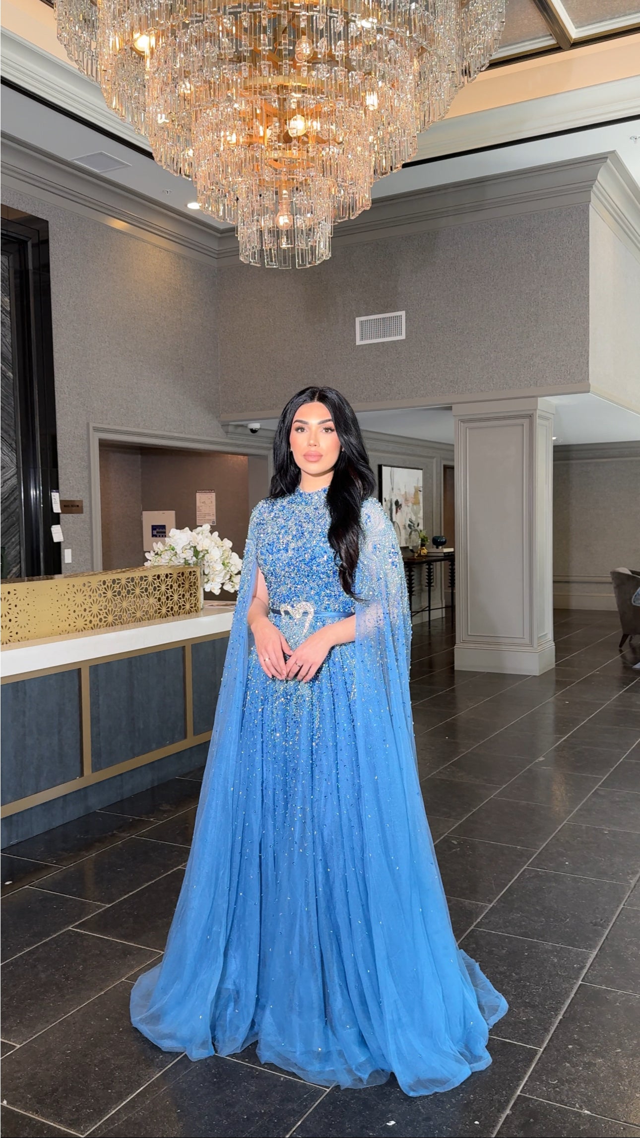 Noor Modest Long Drape Sleeves Beaded A-Line Gown Blue / 14 Noor Modest Long Drape Sleeves Beaded A-Line Gown Blue / 14