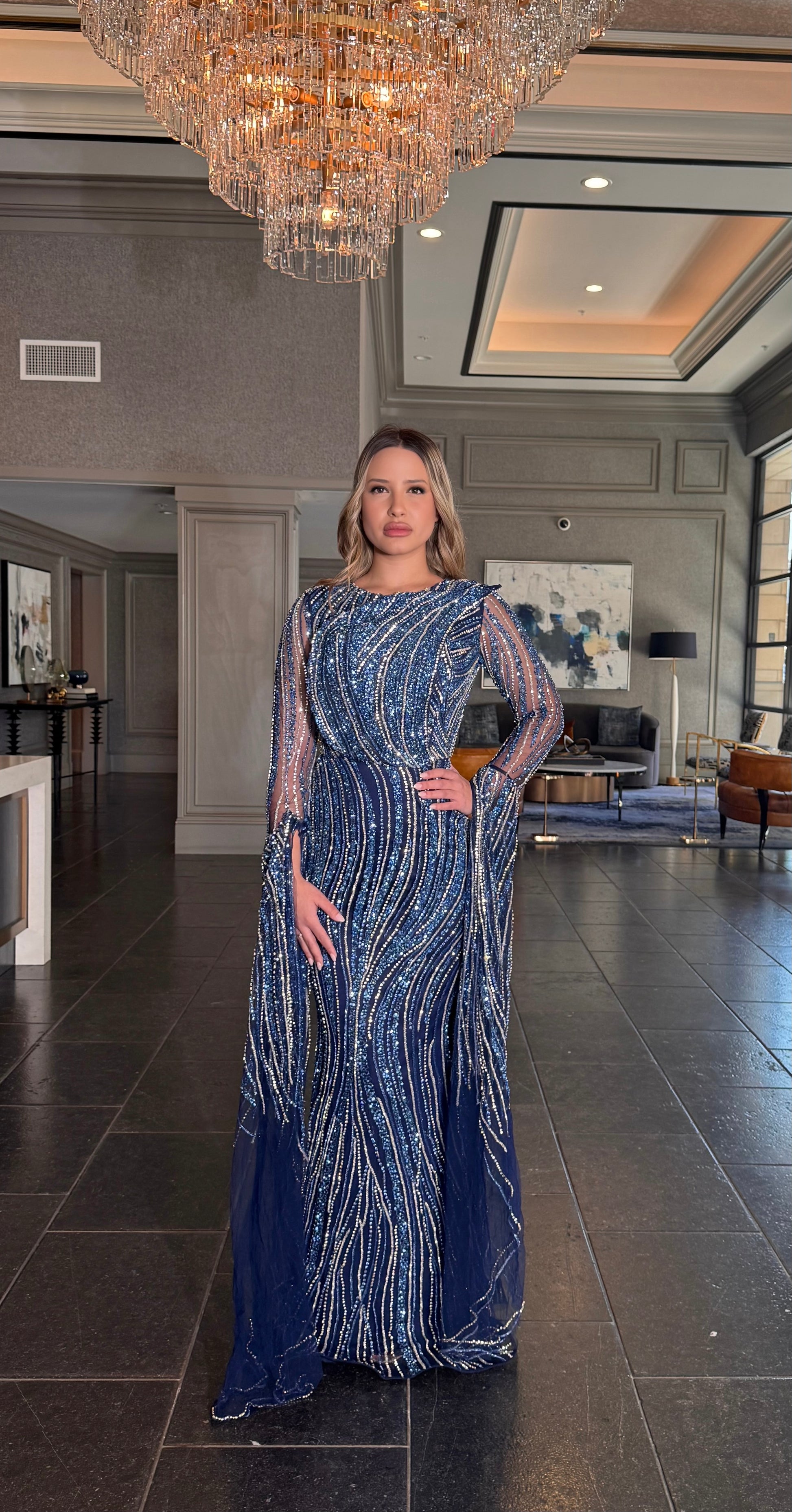 Asman Embellished Dramatic Cape Long Sleeve Modest Evening Dress Navy / 24 Asman Embellished Dramatic Cape Long Sleeve Modest Evening Dress Navy / 24